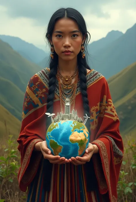 Create an indigenous woman from Otavala from Ecuador who holds in her hands a world with all the new technological discoveries 