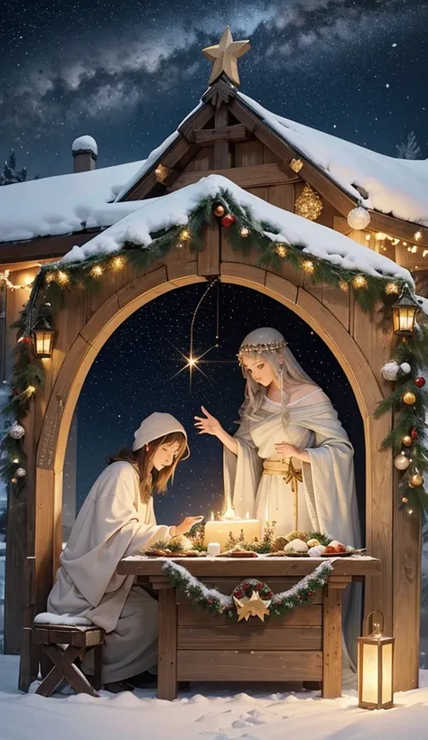 Create a warm and inviting Christmas scene that celebrates the birth of Jesus Christ. At the center, depict a peaceful nativity scene nestled in a rustic wooden stable under a starlit sky. The scene should include Mary and Joseph gently looking over the ne...