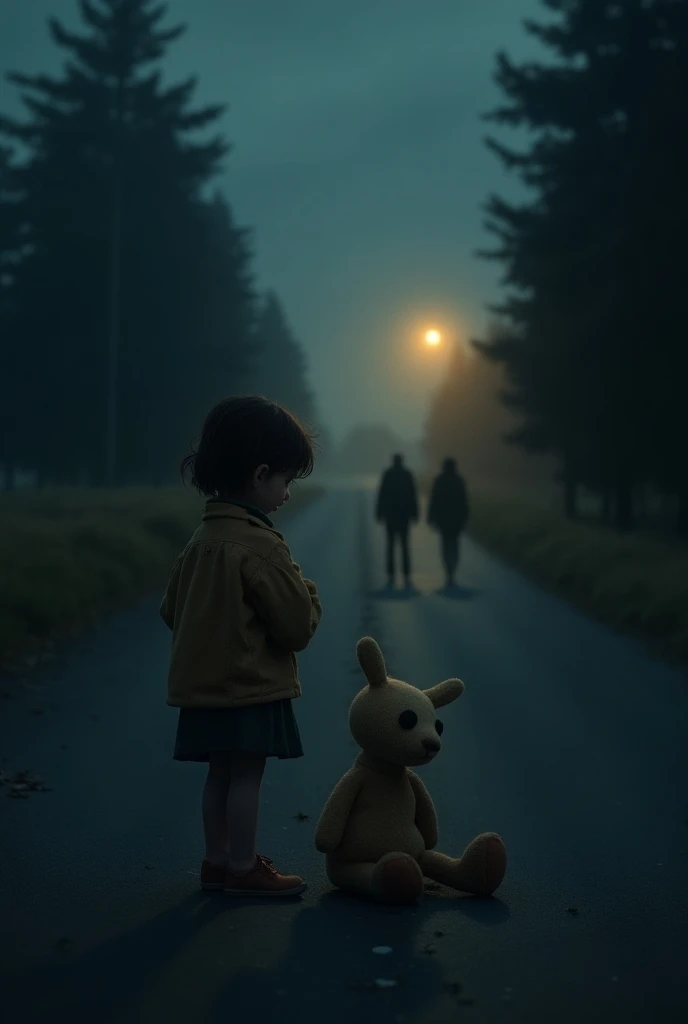 Girl and her stuffed animal on a dark road watching two people walk away