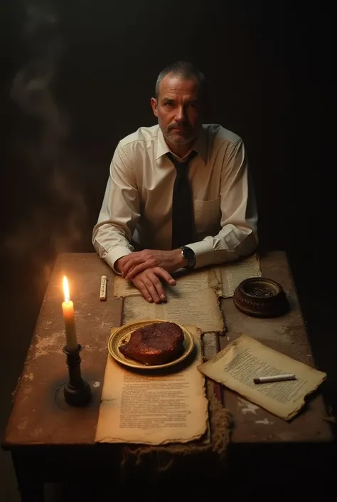  an image at 90 degrees of an old table where several old and wrinkled sheets are found, a wide candle,  an ashtray with a cigarette ,  a plate with a cooked liver , a tie and a man in a long shirt sitting with a full view from above and old papers and a t...