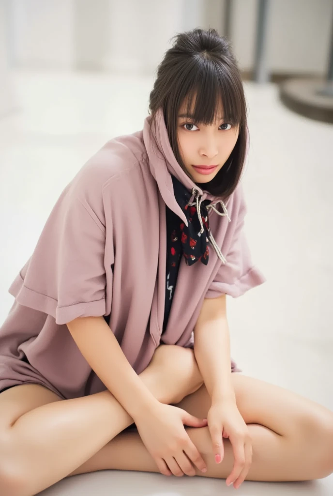 Full body shot from the front、Wear off-the-shoulder mini one-piece pajamas, bend your knees, spread your legs, take a cross-legged pose, and sit while looking at me, Slender bare legs 、smile、The background is a monotone 

