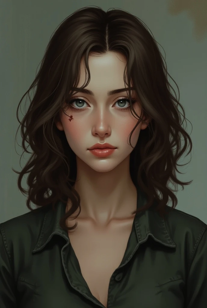 a stoic girl ,  gray eyes and brown hair ,  along with a scar on her left eyebrow