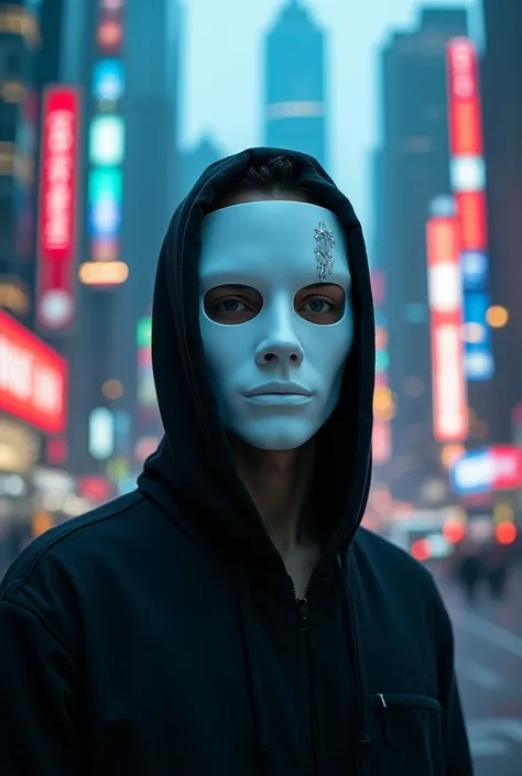 Photograph of a mysterious man wearing a white mask that only his eyes can be seen in the deep bright red realistic HD background of a city , that has a computer and artistic connotation  