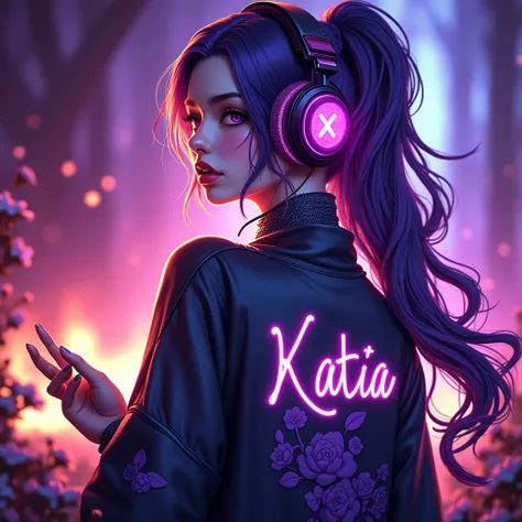 Same picture, purple background, purple long hair, purple headphones, same picture, katia name in her back
