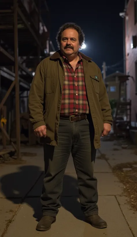 Ernie Potts is a short strong middle-aged man. He has brown curly hair on the sides and a bald spot on top. He has a large nose and a thick black unibrow. Hairy arms. Clothing: a heavy-duty work jacket over a plaid flannel shirt, with dark jeans and worn w...