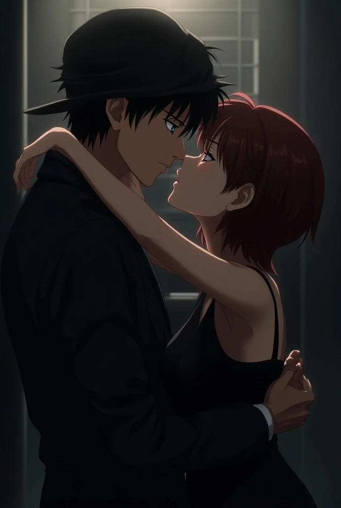 A tall man with fair skin, green eyes, short hair, a black woolen hat, black clothes, and a tall girl with short reddish brown hair, white skin, blue eyes in a black dress. Akai Shuichi and Shiho Miyano kiss 