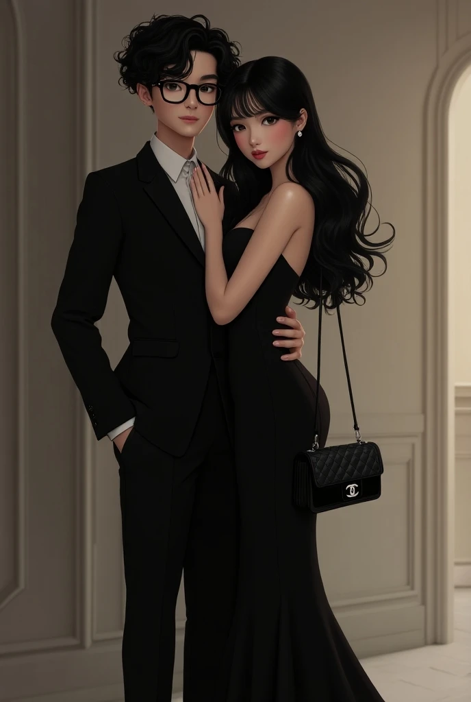 elegant couple, boy curly fluffy with optical glasses black hair and eye, and the girl black long dress with long hair black wears channel bag. REAL PERSONS