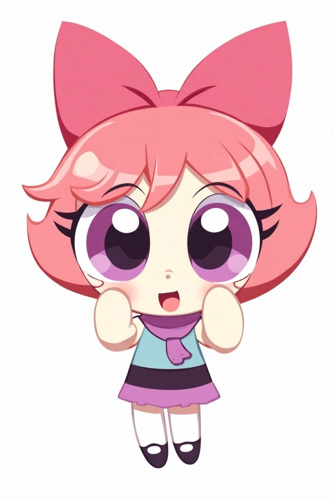  Create a character in the chibi style inspired by the Powerpuffs .  She has short magenta hair ,  with a vibrant, cartoonish design .  Her eyes are large and expressive ,  with purple irises and white circles ,  conveying a cute and innocent appearance . ...