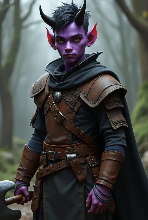 Um jovem tiefling de dungeons and dragons com 27 anos de 1,70m tall and 75kg , small horn,  with lilac-colored skin , short black hair,  goatee and black mustache , with yellow eyes, wearing leather armor holding a war hammer