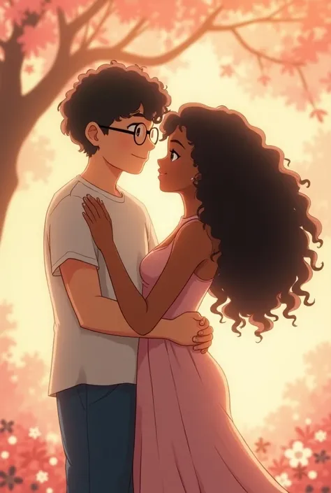 Romantic anime couple tall chubby boy wearing glasses with very short curly hair and white skin with short skinny Brazilian mulatto with long curly hair with many many more curls curls 