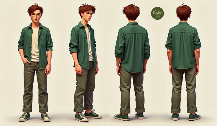 (best quality,4k,8k,highres,masterpiece:1.2),ultra-detailed, 1Man, Irish god Aengus Óg as a college student, dark auburn hair, green button up shirt, casual pants, Multiple angles, front, Back, Left, Right, Arms to the sides, full body , legs visible, stan...