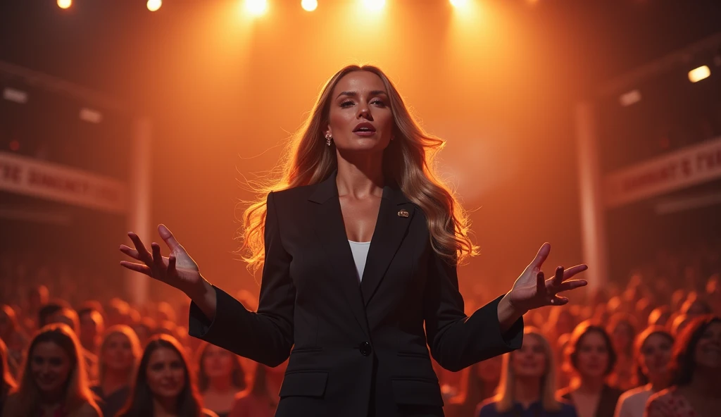 "A captivating, high-energy thumbnail featuring a confident woman with long hair, dressed professionally, speaking passionately on stage. She holds a microphone, exuding authority and inspiration. The background showcases a large stage illuminated by a bri...