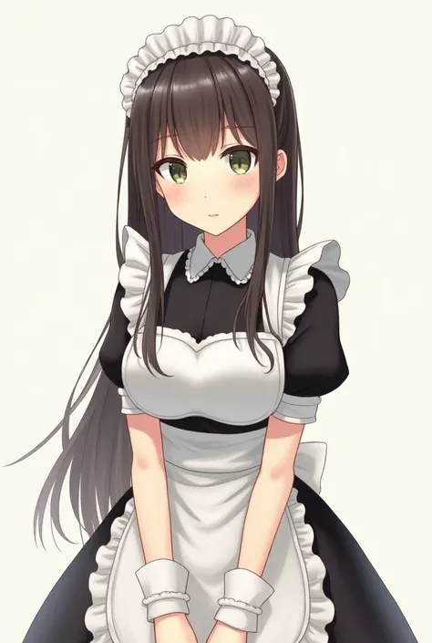 woman、Age: 20、 The length of the hair is up to the shoulders、The color of the hair is dark brown 、Hair highlights are green 、 My bangs are long enough to fit my eyes 、 hair is fluffy 、Droopy eyes、Eye color is green、smile、 wearing maid clothes、whole body、 h...