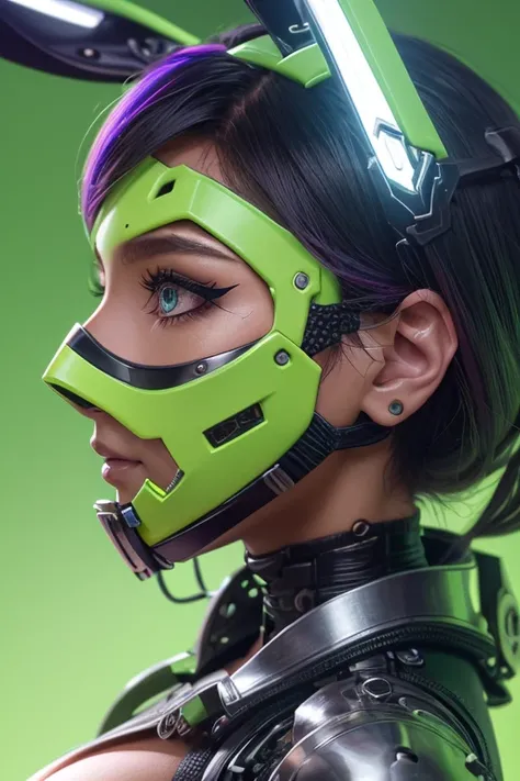 Futuristic attractive woman ,colour contact lens,
STEEL BODY ARMOR ,  WHITE CYBORG PROTECTOR ,  futuristic LED-illuminated rabbitl ear headgear,High Tech Accessories,(futuristic Hi-tech cool face mask:1.3),break,(A profile of a face facing forward, taken f...