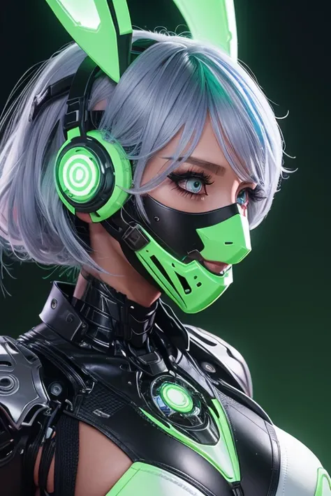 Futuristic attractive woman ,colour contact lens,
STEEL BODY ARMOR ,  WHITE CYBORG PROTECTOR ,  futuristic LED-illuminated rabbitl ear headgear,High Tech Accessories,(futuristic Hi-tech cool face mask:1.3),break,(A profile of a face facing forward, taken f...