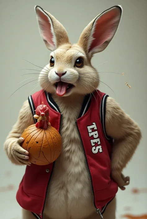 Aggressive rabbit in a basketball jacket eating chicken and up a slogan that says tresi