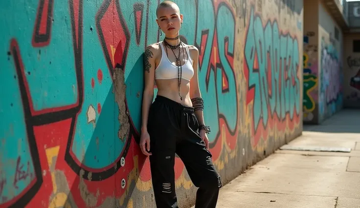 "Full-length portrait of a very thin, pale young woman in a gothic, punk style, standing close to a graffiti-covered wall with sunlight shining directly on her from the front. She has a shaved head, large breasts, tight white sports bra, baggy black cargo ...