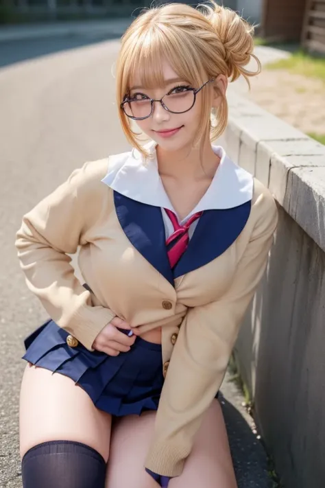 ((Japan 、( high school uniform with buttons :1.3)、  navy blue uniform skirt 、 knee-high socks for viewers、pubic hair、  lower abdominal hair growing  ))、(( highlight your thighs、白い knee-high socks for viewers、Soft thighs、Inner thighs、 shiny thighs 、debtace-...