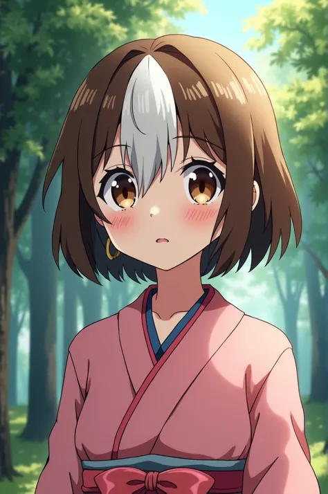  Female character in kimetsu no yaiba style with short brown hair with white locks on the front of her hair,  big brown eyes, with small lips, with pink kimono ,  earrings and gold necklace , pink bow,round face,  anime style forest background  