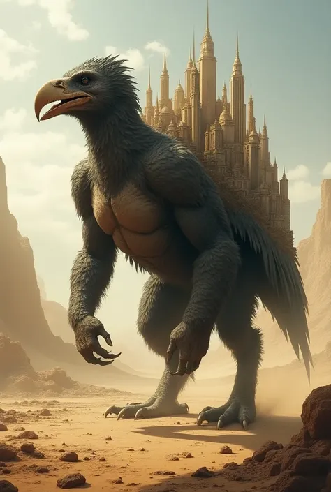 "Create an image of a hybrid creature, combining a vulture+gorilla with a city on its back. The upper part should have vulture-like features, including the scaly skin and elongated head, while the lower part should display the robust structure and fur of a...