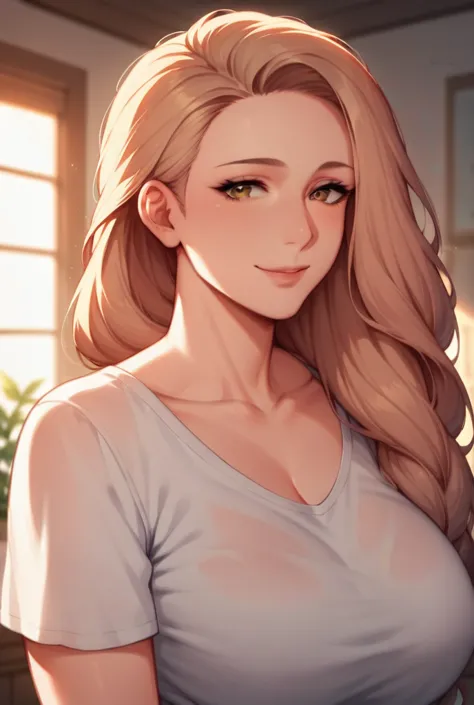 Female, adult, mature body, mature, beautiful, calming, long blond hair, soft brown eyes. Comfy clothing, t-shirt. Comforting lighting. Looking at viewer, comforting, warm smile. SFW.