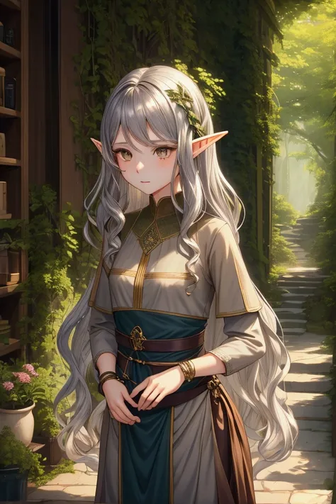  view of the : Portrait Object :  Half-elf girl named Appearance description Leather :  Warm olive color Hair : long, wavy, dark brown Eyes : deep, Caria Figure : slim,  flexible Additional elements :  clothes : simple,  but elegant dress made of thin blue...