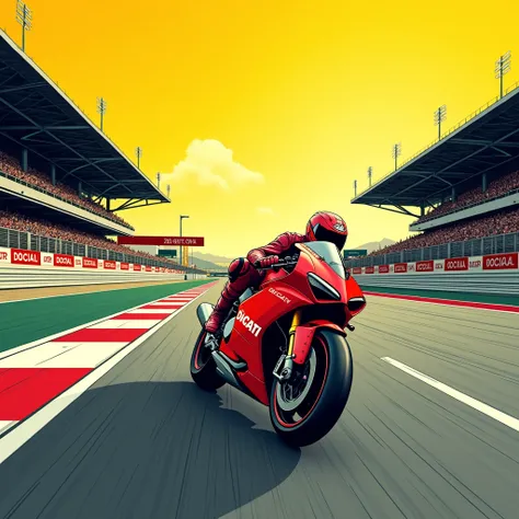 Image type comic - MotoGP Ducati Desmosedici GP on the straight line of the Barcelona circuits pitfalls - The sky in the image is yellow RGB 252,228,52