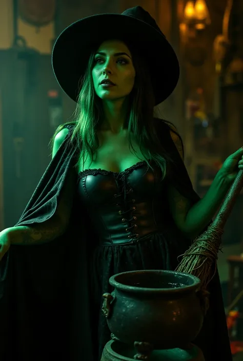 A photo of a sexy wicked witch with emerald green skin, black lace up corset, crooked witch hat, a long, flowing black cape with a rich, glossy texture, dramatic folds and draping, and dramatic lighting that accentuates the fabrics texture and flow, evil s...