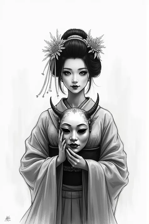 Geisha holding a Hannya mask ,black and white sketch image 