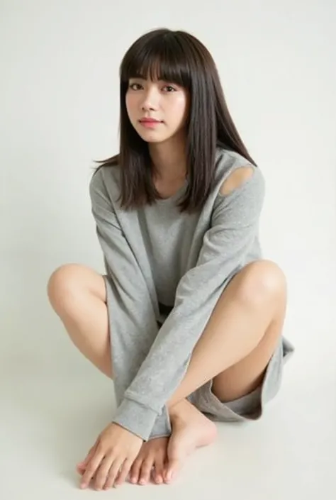 Full body shot from the front、Wear off-the-shoulder mini one-piece pajamas, bend your knees, spread your legs, take a cross-legged pose, and sit while looking at me, Slender bare legs 、smile、The background is a monotone 

