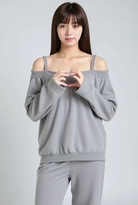 Only one woman with a cute smile wears cute, fluffy off-shoulder pajamas, makes a big heart shape with both hands, and poses them in front of her chest, View above collarbone、The background is a monotone 

