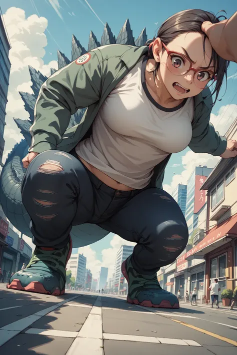 A giant woman dropkicking Godzilla in the middle of Tokyo city