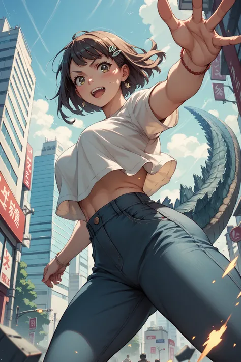 A giant woman dropkicking Godzilla in the middle of Tokyo city