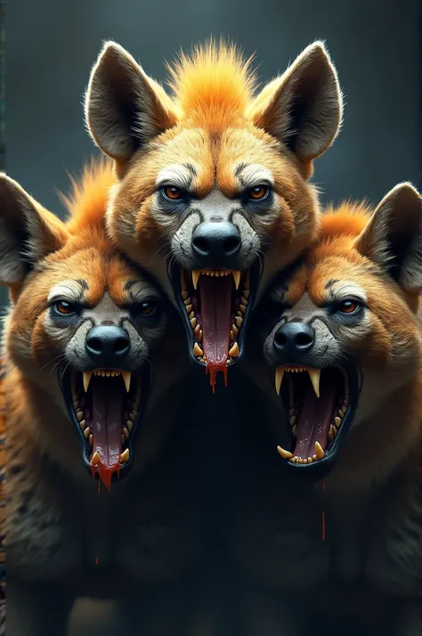 Picture of three angry hyena heads showing their fangs