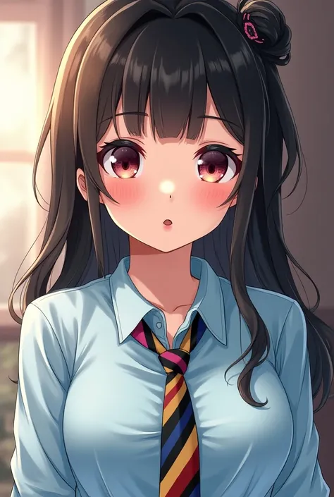 Manga image of sexy cute slutty girl Looking at viewer, Hair Ornament, , Parted Lips, Letterboxed, Accurate, Anatomically Correct, Best Quality, light blue oxford shirt and blsck yellow pink blue  red regiment tie 