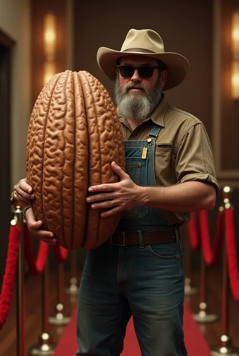  A farmer carrying a 2 foot pecan wearing sunglasses  at a velvet rope VIP area, wearing sunglasses, with a farmer holding a golden pecan ticket. The pecan and the farmer should look ultra realistic