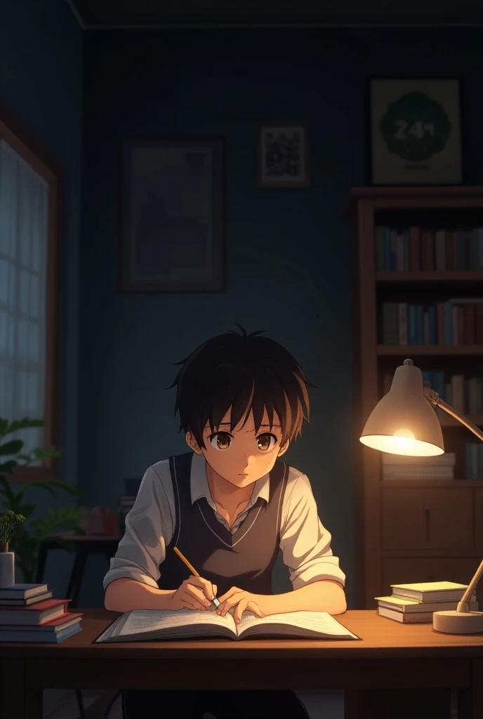 26 years old anime boy studying at night