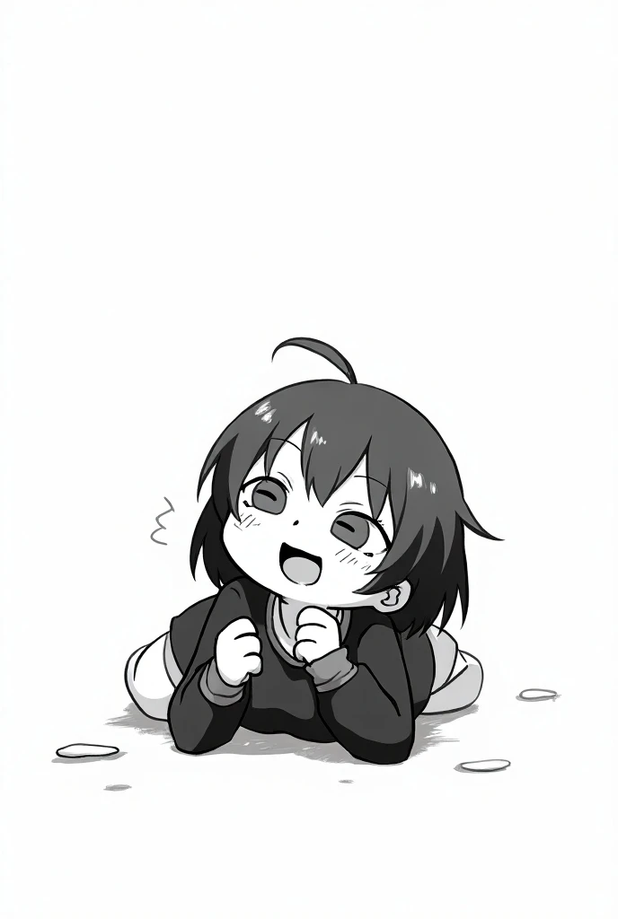 Girl lying on the floor dying of laughter black and white anime image with short hair and black clothes