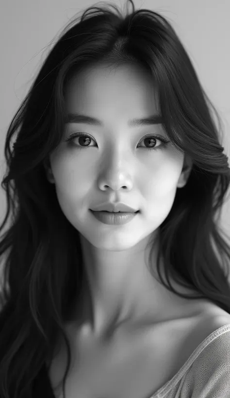 “A black-and-white portrait of a 36-year-old woman with distinct and harmonious facial features, reflecting subtle Oriental characteristics. Her face has a slightly rounded overall shape, with fuller cheeks that stand out prominently, adding softness and a...