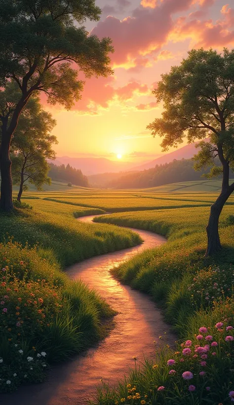 A peaceful countryside scene at sunset with a paved path along a narrow river. The sky is vibrant with orange and pink hues, with the sun setting on the horizon. Green fields lie beside the path, dotted with flowers and bordered by lush trees casting long ...