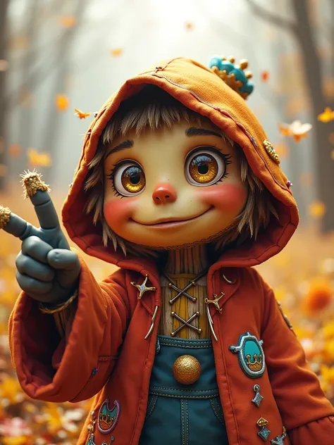 a niji-style scarecrow character, bright colorful tattered hooded cloak, low angle looking up, exaggerated charming presence, smiling round head, large sparkling golden eyes, playful lighthearted, cloak decorated with fun quirky patches, crown and sword sy...