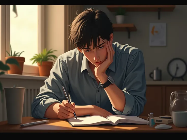 a realistic young man, sitting at a table, wearing a shirt and jeans, sad expression, looking to the window with a hand on his jaw, with a pen in his other hand, indoors, soft lighting, cozy room, realistic, warm colors. The window is at the left, no carto...