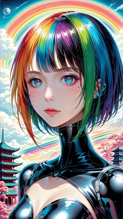 ((best quality)), ((masterpiece)), (detailed), (face of cyberpunk mecha japanese girl), neon rainbow eyes, metallic black body, ...