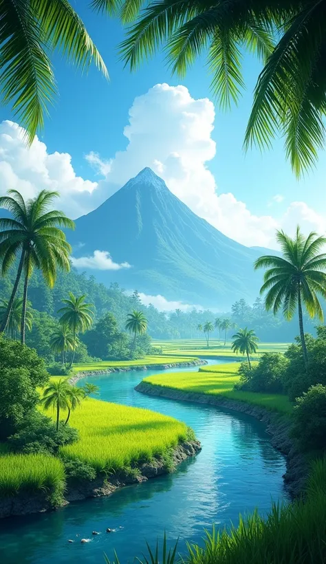 A scenic landscape with a flowing river surrounded by lush green rice terraces and palm trees. In the background, a majestic mountain with a peak covered in clouds under a bright blue sky. The view is framed by leafy branches hanging from a tree above, cre...