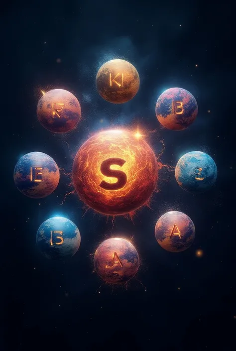 Create an image of 7 planets with the word kbsa embodied 