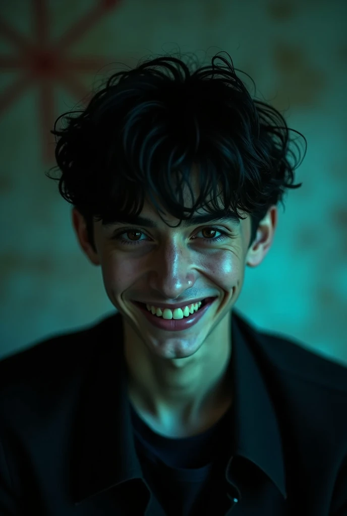 young man, thesis Clara,  black eyes , short and wavy black hair, creepy smile