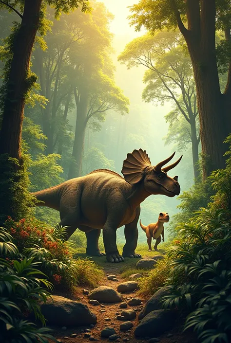  A vibrant landscape from the dinosaur era ,  set in a dense prehistoric jungle .  The scene is full of lush vegetation with a color palette that includes various shades of yellow, greens and oranges.  Dinosaurs such as a Triceratops and a velociraptor can...