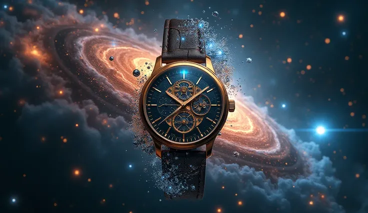 a watch dissolving and blending with an awe-inspiring view of the universe, conveying a sense of the eternal and boundless, ultra-realistic 4k masterpiece, detailed clockface, detailed watch mechanism, intricate cosmic landscape, swirling nebulae, glowing ...