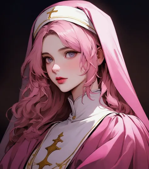 a portrait of a gamergirl nun with pink clothes in the style of a neo-classical oil painting