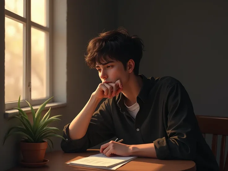 an ultra realistic style image of a young man, sitting at a table, wearing a shirt and jeans, sad expression, looking to the window with a hand on his jaw, with a pen in his other hand, indoors, soft lighting, cozy room, realistic, warm colors. The window ...